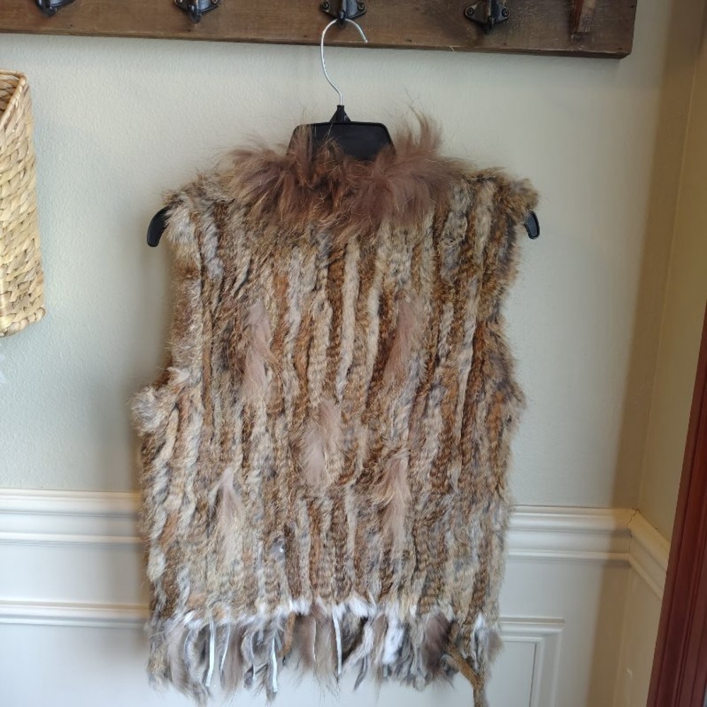 Meefur Rabbit Raccoon Hair Fur Vest Womens L Brown Long Fringe Twilight Victoria - Picture 13 of 15